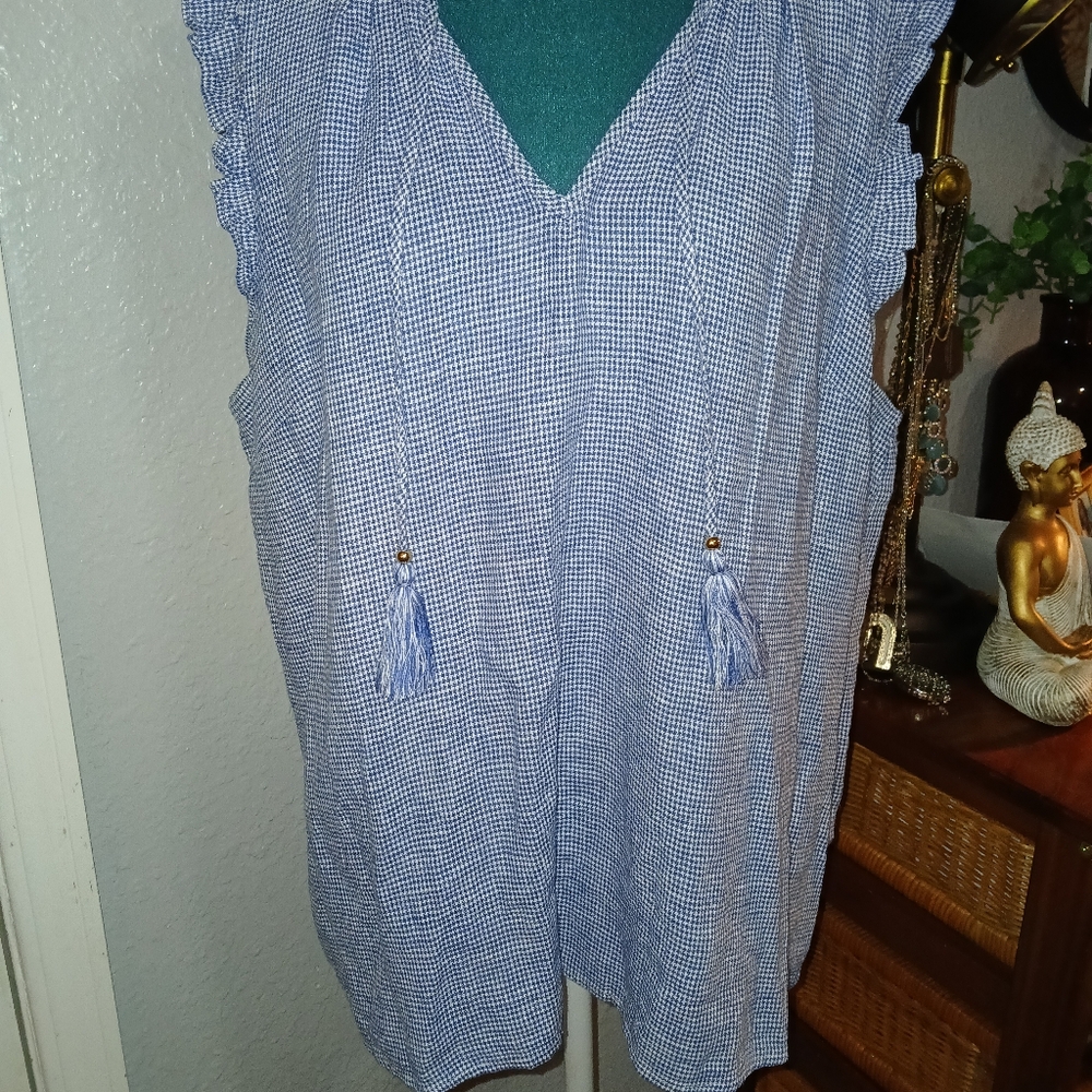 NWOT Ellen Tracy Linen Blue & White Gingham Check Top XL - Picture 8 of 12